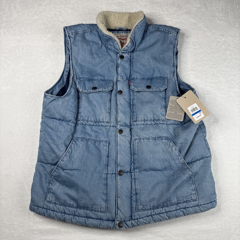 NWT Levis Mens Demin Midweight Quilted Vest Puffer Lt. Denim Wash XL